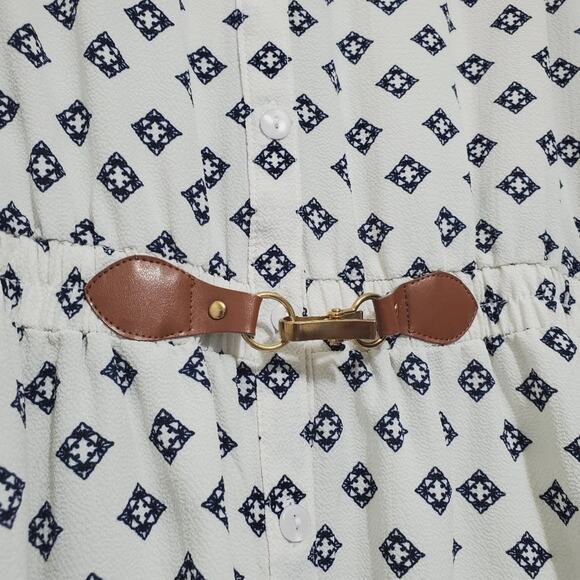 Always Indigo | Petite Geometric Pattern Button Front Short Sleeve Shirt Dress - Picture 3 of 8